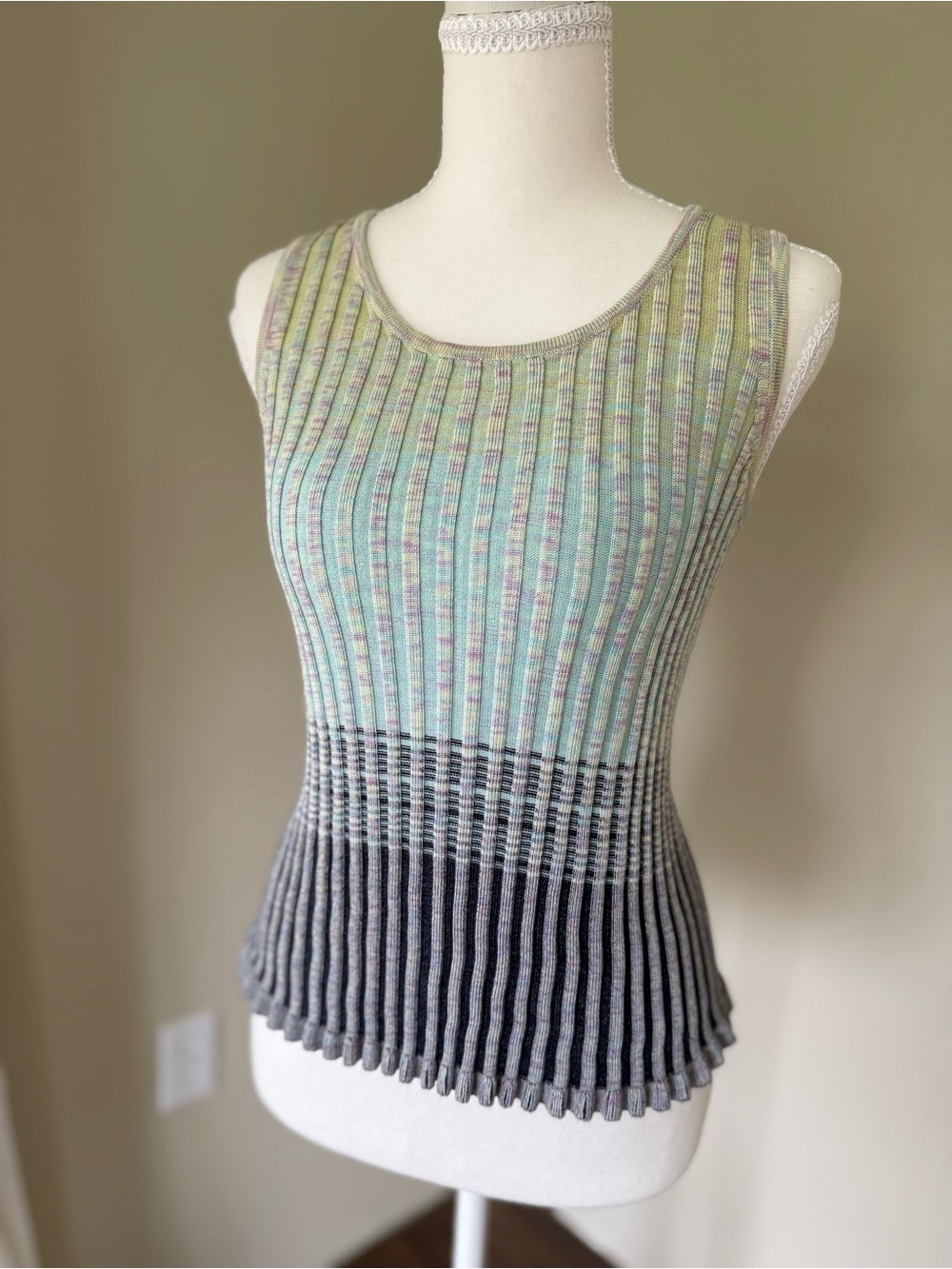 Sleeveless Ribbed Knit Tank Top in Pastel Green Gray Ombré Y2K Missoni Inspired